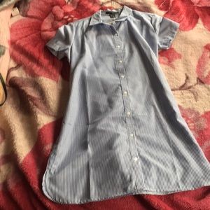 Blue and cream striped dress with bow at waist